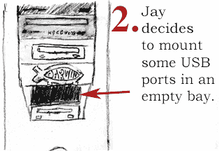 2. Jay decides to mount some USB ports in an empty bay.